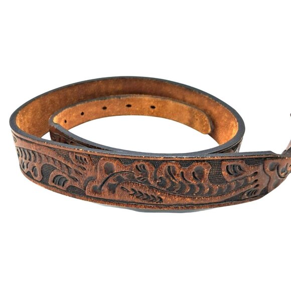 Vintage Circle S Wester Tooled Leather Ranger Belt Size 32 Floral Oak Unisex - Picture 2 of 11